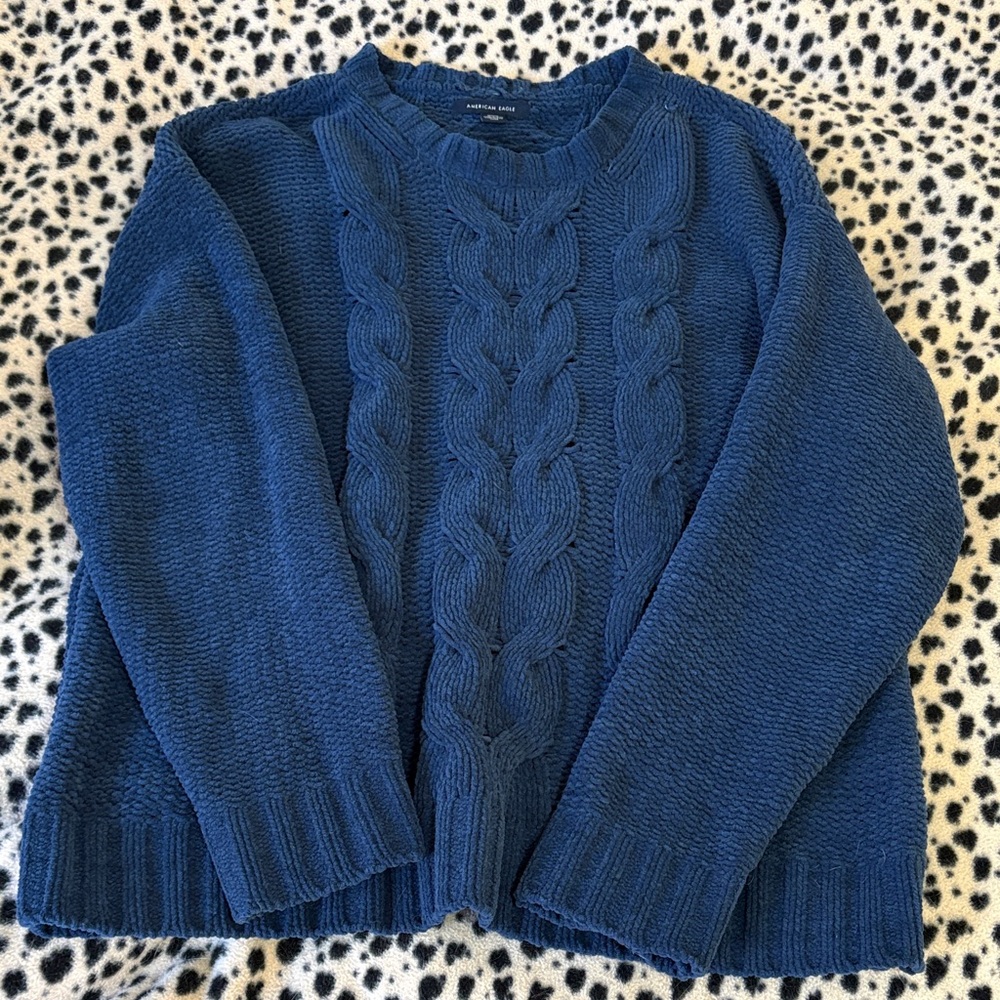 American Eagle Cable-Knit Crewneck Sweater in Deep Blue